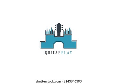 Music House Vector Logo Design. A Music Shop Logo with a Guitar Silhouette. Real estate and home buildings logo icon.