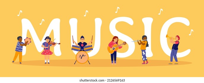 Music huge word and kids playing musical instruments. Poster or banner backdrop design for children music education, cartoon flat vector illustration.