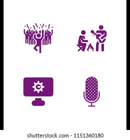 music icon. 4 music set with microphone, guitar, man in a party dancing with people and shapes and symbols vector icons for web and mobile app