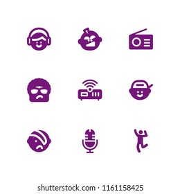 music icon. 9 music set with man dancing, punk, radio and router vector icons for web and mobile app
