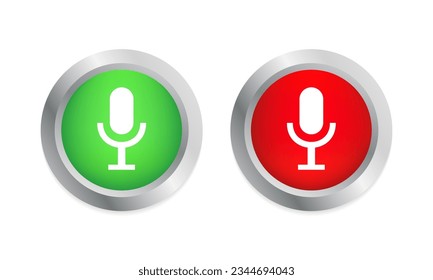 Music icon, Air Microphone Button red and green glossy web design. Silver metallic web buttons. Sound mic for karaoke. Broadcast symbol. Retro microphone with mute icon. Vector illustration