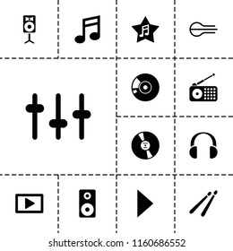 Music icon. collection of 13 music filled icons such as equalizer, loudspeaker, play, disc, note, radio, cd, drum stick. editable music icons for web and mobile.