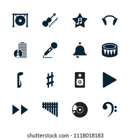 Music icon. collection of 16 music filled icons such as play, microphone, harmonica, drum, gong, violin, earphones, bell, disc. editable music icons for web and mobile.