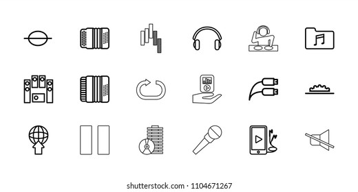 Music icon. collection of 18 music outline icons such as loud speaker set, harmonic, phone and earphones, earphones, earphone wire. editable music icons for web and mobile.