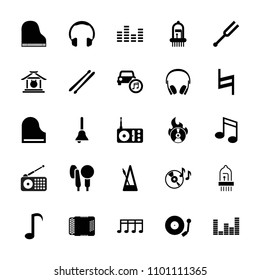 Music icon. collection of 25 music filled icons such as headphones, disc on fire, radio, tonometer, piano, harmonic, drum stick. editable music icons for web and mobile.
