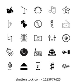 Music icon. collection of 25 music filled and outline icons such as musical sharp, disc, microphone, disc flame, radio, cd, pause, dj. editable music icons for web and mobile.