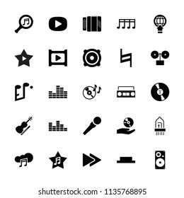 Music icon. collection of 25 music filled icons such as gramophone, disc on fire, speaker, fast forward, pause, cd on hand, play. editable music icons for web and mobile.