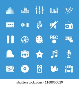 Music icon. collection of 25 music filled icons such as note, disc, disco ball, bird, disc on fire, speaker, ballet shoes. editable music icons for web and mobile.