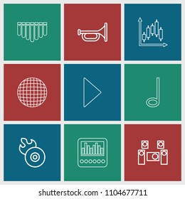 Music icon. collection of 9 music outline icons such as trumpet, disc flame, audio system, disco ball, panel control, play, harmonica. editable music icons for web and mobile.