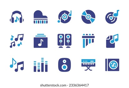 Music icon collection. Duotone color. Vector illustration. Containing music, grand piano, vynil, cd, album, home theater, pan flute, file, note, sound bars, speaker, piano, album. 