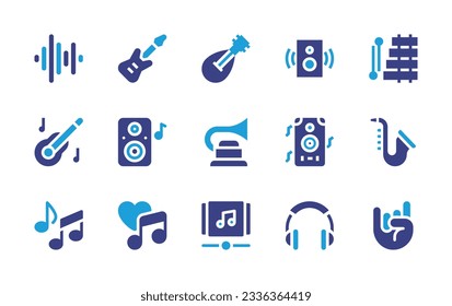 Music icon collection. Duotone color. Vector illustration. Containing wave sound, bass guitar, mandolin, speaker, xylophone, spanish guitar, phonograph, saxophone, musical note, love song, playlist.