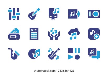 Sammlung von Musiksymbolen. Duotonfarbe. Vektorgrafik. Mit Controller, Gitarre, Musik, Musikalbum, Musik-Player, Konzert, Midi, Saxophon, Bassgitarre, Media Player, Chat. 