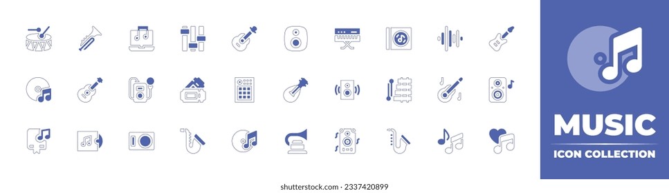 Music icon collection. Duotone style line stroke and bold. Vector illustration. Containing drum, trumpet, music, controller, guitar, speaker, piano, music album, wave sound, bass guitar, and more.