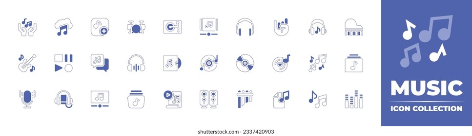 Music icon collection. Duotone style line stroke and bold. Vector illustration. Containing music, music album, music instruments, turntable, playlist, headphone, maloik, grand piano, and more.