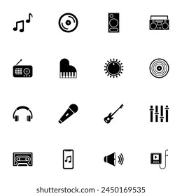 Music icon - Expand to any size - Change to any colour. Perfect Flat Vector Contains such Icons as notes, headphones, boombox, guitar, microphone, audio tape, vinyl record, piano, radio, equalizer, cd