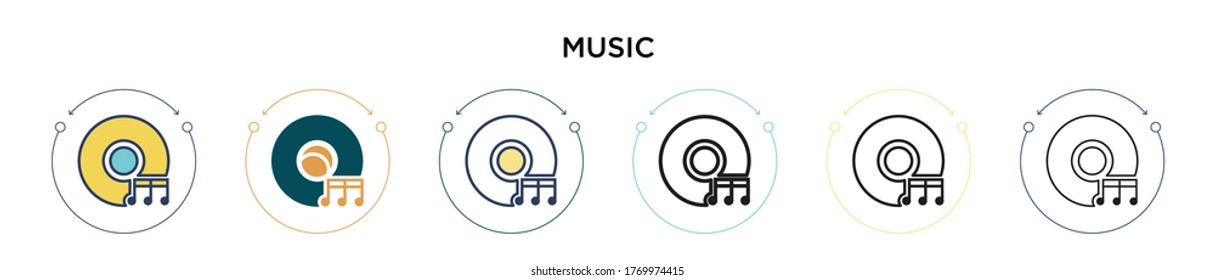 Music icon in filled, thin line, outline and stroke style. Vector illustration of two colored and black music vector icons designs can be used for mobile, ui, web