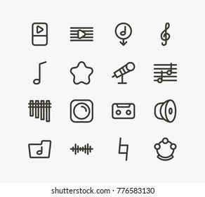 Music icon line set with music folder, button and ipod. Set of melody related music icon line vector items for web mobile logo design.