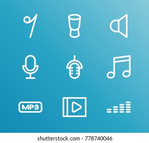 Music icon line set with mp3 file, studio microphone and interview. Set of soundwave related music icon line vector items for web mobile logo design.