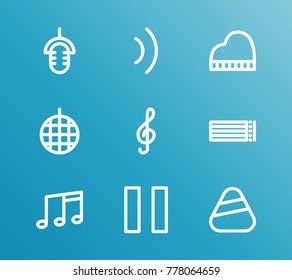 Music icon line set with plectrum, disco ball and octave. Set of musical notes related music icon line vector items for web mobile logo design.