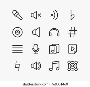 Music icon line set with sound off, mute and webcam. Set of sharp music symbol related music icon line vector elements for web mobile logo UI design. Editable music icon set.