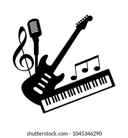 Music icon logo of indie rock pop band group. Black white musical instruments piano guitar microphone with notes key. Contemporary vector sticker label for live party festival club studio show print