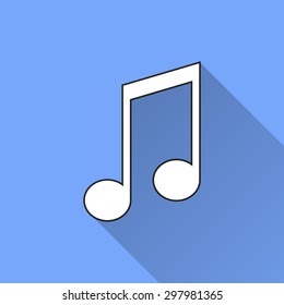 Music  icon with a long shadow on a blue background. Vector illustration.