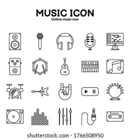 Music Icon Outline Including musical instruments and symbols On a white background