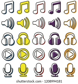 Music Icon Pack: microphone, headphones, play, note, megaphone.