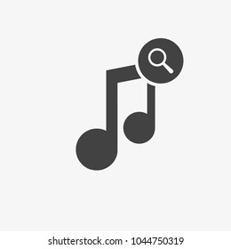 Music icon with research sign. Music icon and explore, find, inspect concept. Vector icon
