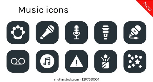  music icon set. 10 filled music icons. Simple modern icons about  - Tambourine, Microphone, Voice message, Itunes, Alert, Confetti