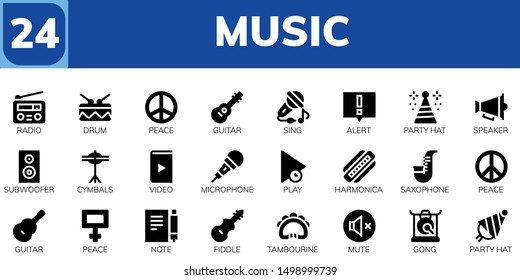 music icon set. 24 filled music icons.  Collection Of - Radio, Drum, Peace, Guitar, Sing, Alert, Party hat, Speaker, Subwoofer, Cymbals, Video, Microphone, Play, Harmonica, Saxophone