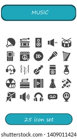 music icon set. 25 filled music icons.  Simple modern icons about  - Bouquet, Drum, Woofer, Volume, Dictaphone, Peace, Forwards, Microphone, Harp, Headphones, Confetti, Veena