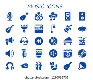  music icon set. 30 filled music icons. Simple modern icons about  - Microphone, Guitar, Marriage, Music, Mp player, Speaker, Bouquet, Radio, Bell, Cymbals, Headphones, Rewind