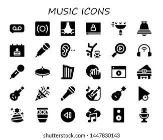 music icon set. 30 filled music icons.  Collection Of - Recording, Record, Stage, Video, Bouquet, Bell, Birthday, Karaoke, Listening, Hip hop, Multimedia, Headphones, Microphone
