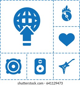 Music icon. set of 6 music filled icons such as speaker, guitar, cd fire, heart