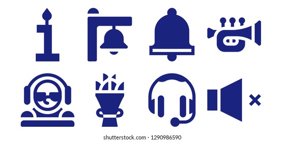  music icon set. 8 filled music icons. Simple modern icons about  - DJ, Birthday, Bouquet, Bell, Headphones, Volume, Trumpet