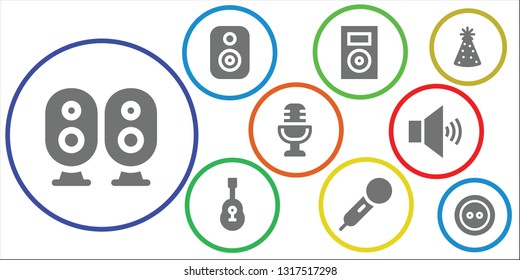 music icon set. 9 filled music icons.  Simple modern icons about  - Loudspeaker, Speaker, Music player, Guitar, Microphone, Volume, Party hat, Button