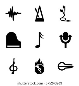 Music icon. Set of 9 Music filled icons such as treble clef, musical instrument, microphone, piano, music equalizer, earphones, CD fire, music note