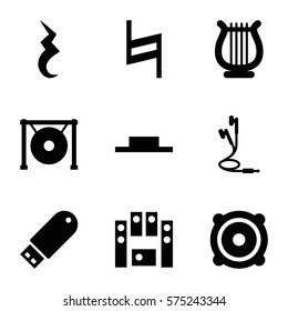 Music icon. Set of 9 Music filled icons such as music pause, speaker, loud speaker set, flash drive, gong, earphones, pause