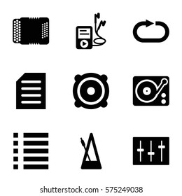 Music icon. Set of 9 Music filled icons such as speaker, sliders, gramophone, harmonic, mp3 player, metronome, reload replay, menu