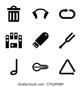 Music icon. Set of 9 Music filled icons such as musical instrument, loud speaker set, flash drive, tonometer, triangle musical instrument, earphones, music note, reload replay