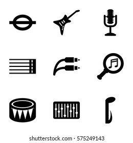 Music icon. Set of 9 Music filled icons such as guitar strings, music note, microphone, slider, drum, guitar, earphone wire