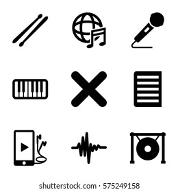 Music icon. Set of 9 Music filled icons such as microphone, piano, gong, drum stick, music equalizer, phone and earphones, international music, cancel