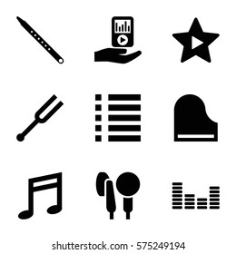 Music icon. Set of 9 Music filled icons such as music note, equalizer, tonometer, piano, musical pipe, mp3 player on hand, favorite music, menu