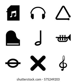 Music icon. Set of 9 Music filled icons such as treble clef, music note, piano, triangle musical instrument, memory card with music, earphones, cancel