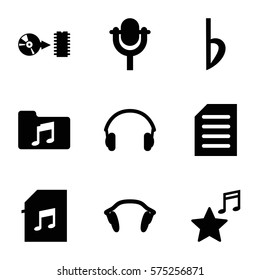 Music icon. Set of 9 Music filled icons such as microphone, music folder, memory card with music, favorite, earphones, bemol, document