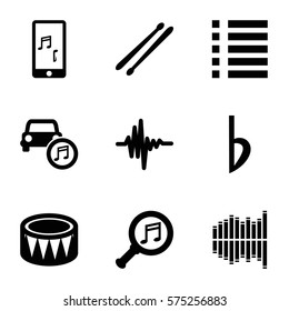 Music icon. Set of 9 Music filled icons such as drum, drum stick, equalizer, mobile phone music, car, equalizer, bemol, serach