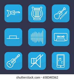 Music icon. set of 9 outline music icons such as no sound, cassette, guitar, violin, equalizer