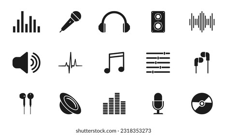 Juego de iconos de música. Iconos de audio. Micrófono, auricular, altavoz, ecualizador, etc. Ilustración vectorial.