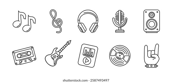 Music icon set. Audio and melody vector illustration. Collection of musical elements including notes, microphone, headphones, speaker and guitar. Vintage cassette, vinyl and playlist symbol.